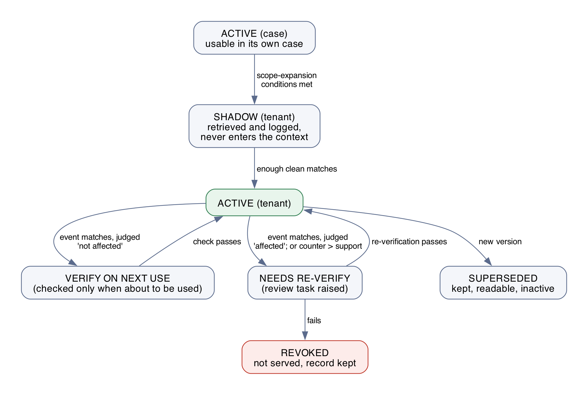 Item lifecycle: case scope, shadow period, tenant scope, and the exits.