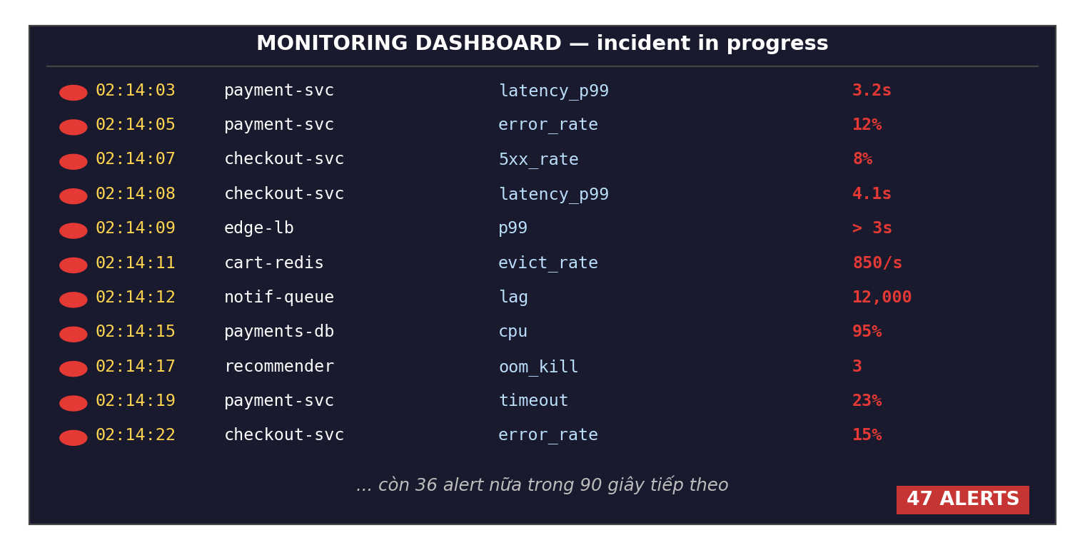 Dashboard với 47 alert đỏ trong 90 giây